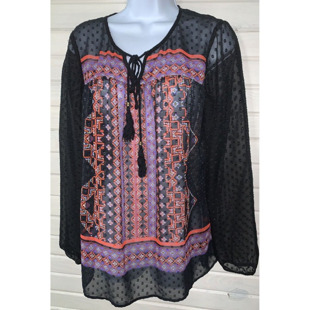 Daniel Rainn Sz MEDIUM Black Purple Swiss Dot Semi Sheer Tie Neck Blouse EUC